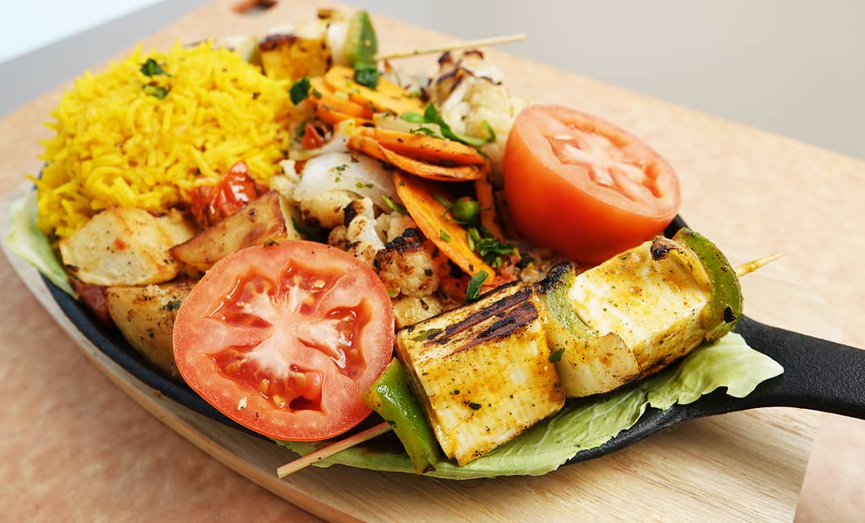 Paneer Sizzler with Yellow Rice and Veggies