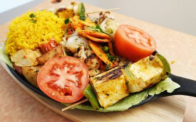 Paneer Sizzler with Yellow Rice and Veggies